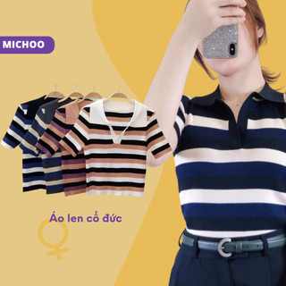 Áo len cộc tay cổ đức michoo vải mongtoghi mềm cỏ sâu 3 màu