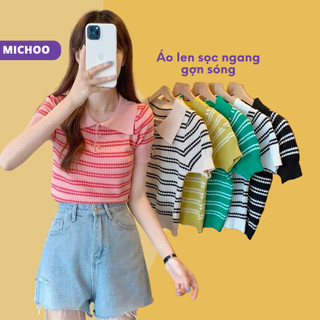 Áo Len Cộc Tay Mongtoghi MICHOO 3 Cúc Dáng Polo Hoạ Tiết Sóng Kẻ Ngang