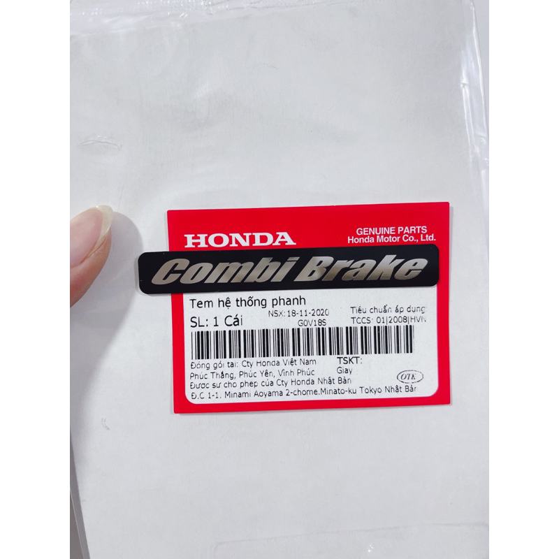 Tem hệ thống phanh chữ Combi Brake 7.5x1.1cm, tem zin Chính hãng Honda