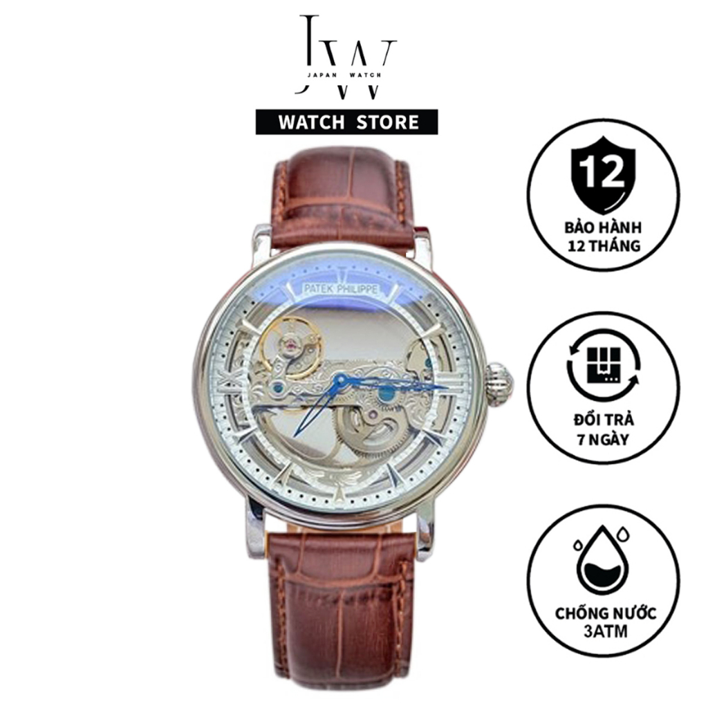 Đồng Hồ Nam Cơ Automatic Patek Philippe JAPAN WATCH Thiết Kế Máy Lộ Cơ Mặt Kính Cong Chống Xước Dây Da Nâu Cao Cấp