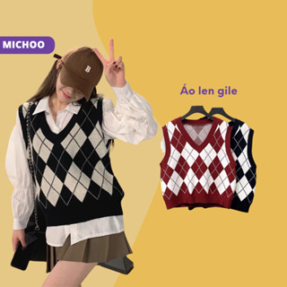 Áo Len GiLe MICHOO Cổ V 3 Màu Đen Nâu Đỏ Hoạ Tiết Kim Cương