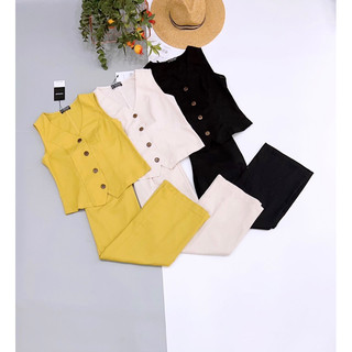 Set linen, áo linen gile, quần linen suông dài, cạp cao, ống rộng, hàng sẵn shop!
