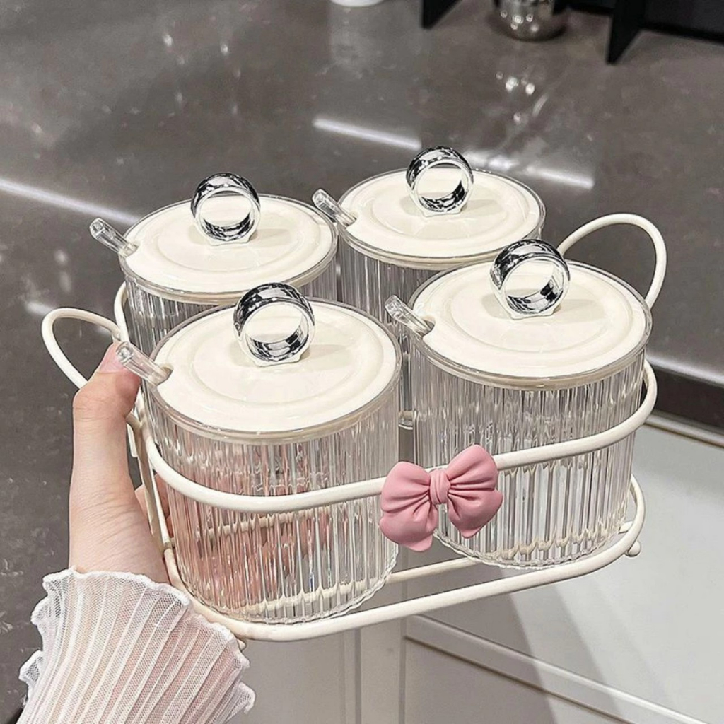 Set 3-4 Hũ Đựng Gia Vị/Lọ Đựng Gia Vị Cao Cấp Có Thìa Kèm Stiker