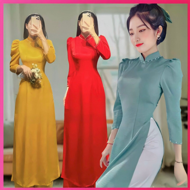 Áo Dài Truyền Thống Lụa Tây Thi Tay Bồng Cổ Truyền Thống