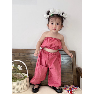Set áo ống + quần túi hộp jean màu cam xinh cho bé 8-20kg