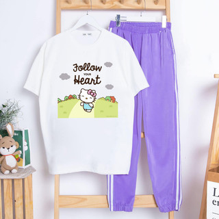 Sét Đồ Nữ Đẹp Mặc Đi Chơi Áo Trắng In Mèo Heart Kèm Quần Thun Tím Bo Gấu
