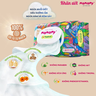 Khăn ướt Mamamy Tropica 60 Miếng (1 tờ 200x150mm) Tinh Dầu Thơm chống hăm và rôm sảy