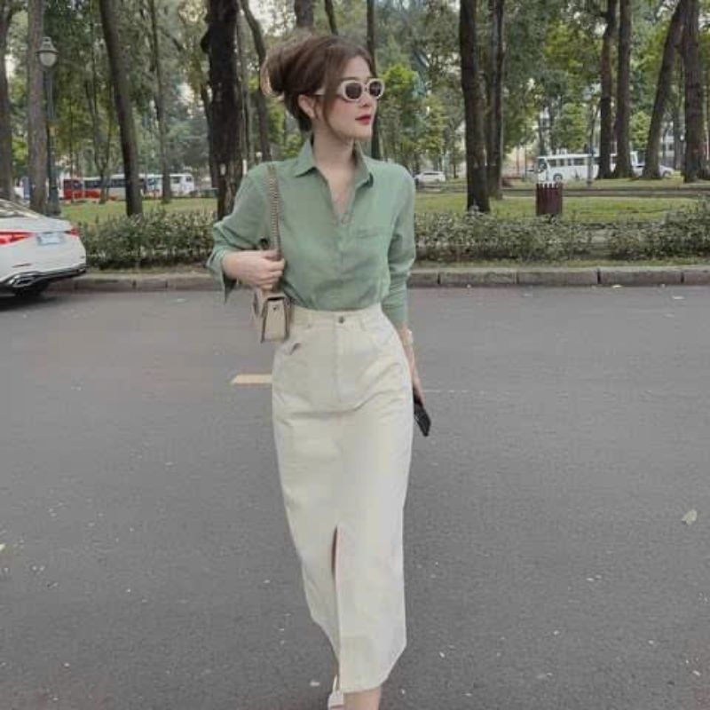 Set váy kaki dài xẻ trước phối áo sơ mi tay dài thời trang nữ,