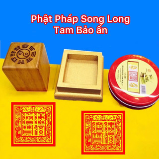 Ấn gỗ đào Phật Pháp Tam Bảo Song Long tặng kèm đế và mực triện
