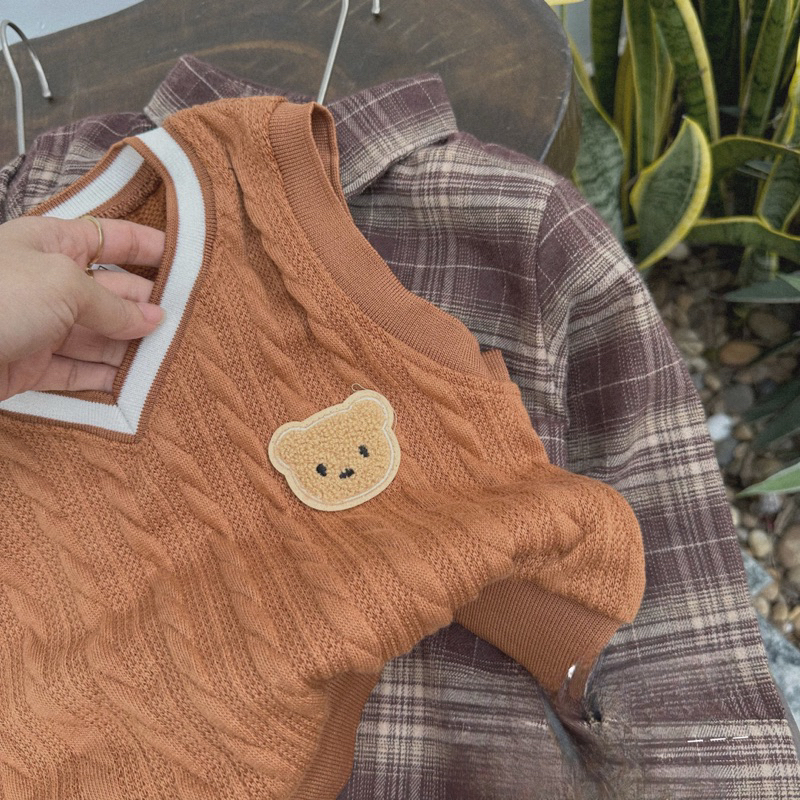 Quần áo thu đông bé trai, set 3ct: áo sơ mi kẻ, quần kaki dài mềm vào áo Gile len thừng cho bé 10-30kg