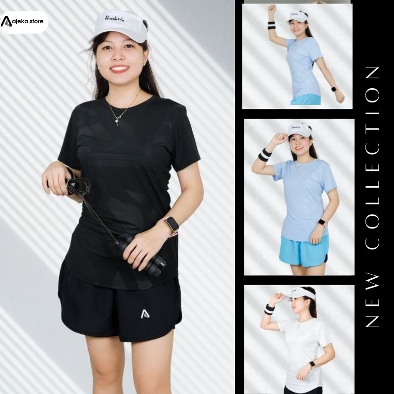 Áo thun thể thao nữ dập vân tập gym yoga A Je.Ka J06, chất thun lạnh co giãn 4 chiều, thoải mái vận động