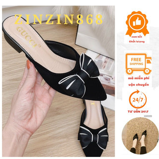Sục nhung nơ vải -gót 3cm mũi nhọn( sục nơ viền trắng)
