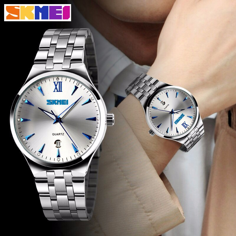 ĐỒNG HỒ ĐÔI SKMEI 9071 DÂY THÉP KHÔNG GỈ, THIẾT KẾ LỊCH LÃM, CUỐN HÚT - HÀNG CHÍNH HÃNG