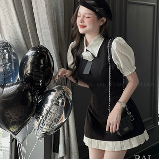 Váy Tiểu Thư Tay Bo Đính Hoa 🦋FREESHIP🦋 Đầm Phối Màu Siêu Xinh