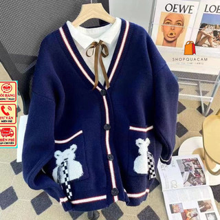 Áo Khoác Len Tay Dài Cổ V Thời Trang Nữ Phối Cổ Sọc Và Thêu Gấu Kèm Nơ , Len Dệt 2 Lớp Mẫu Mới 2024 Phong Cách Hàn Quốc