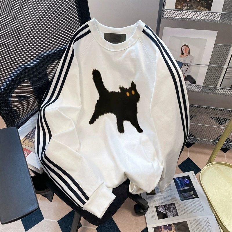 Áo Nỉ Mèo Đen Tay Sọc Xinh Xắn Cho Nữ