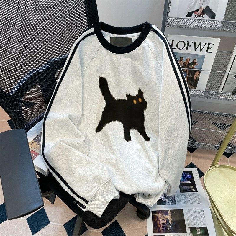 Áo Nỉ Mèo Đen Tay Sọc Xinh Xắn Cho Nữ