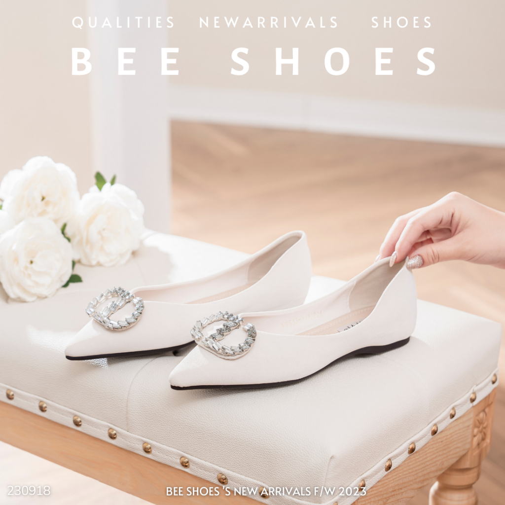 GIÀY BÚP BÊ BEESHOES NỮ MŨI NHỌN - GIÀY BÚP BÊ BỆT SẴN MÀU ĐEN - KEM 230918 (FORM 1.5)