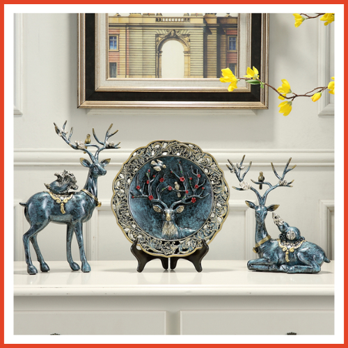 Bộ 3 món tượng hươu kèm đĩa xanh ngọc decor trưng bày phòng khách, tủ kính sang trọng