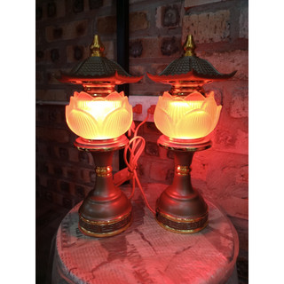 Đèn thờ mái chùa đế đồng - cặp 2 cây đèn led hoa sen lưu ly đỏ cam vàng thờ cúng trang trí
