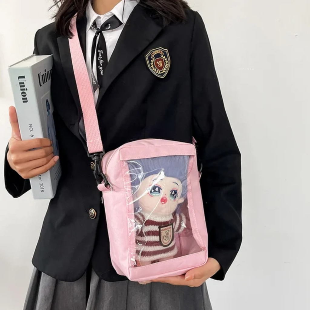 Túi đeo chéo vải mặt trước trong suốt túi đựng búp bê dạng đứng đựng 1 búp bé size 10x20 SN003