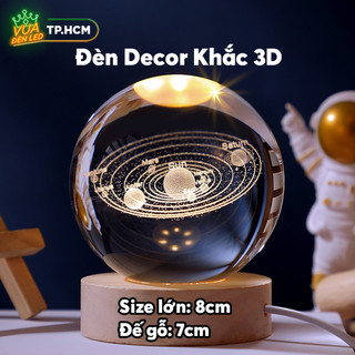Đèn ngủ quả cầu pha lê 3d phát sáng, đường kính 8cm, đế gỗ 7cm, trang trí decor phòng ngủ, làm quà tặng