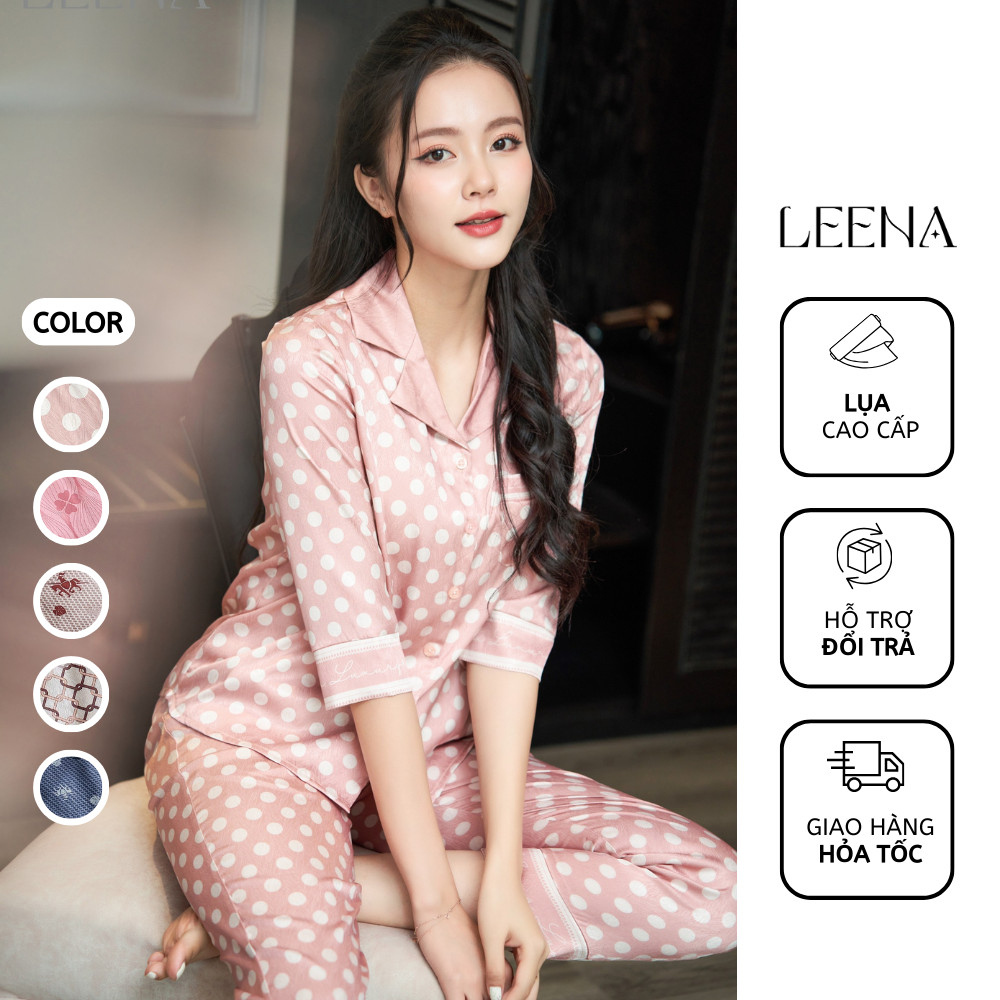 Bộ Ngủ Pyjama Nữ Lụa Vân Gỗ Cao Cấp Áo Tay Dài Quần Dài, Bộ Mặc Nhà Nữ Thu Đông Lụa Dài Tay Leena Homewear 23V11