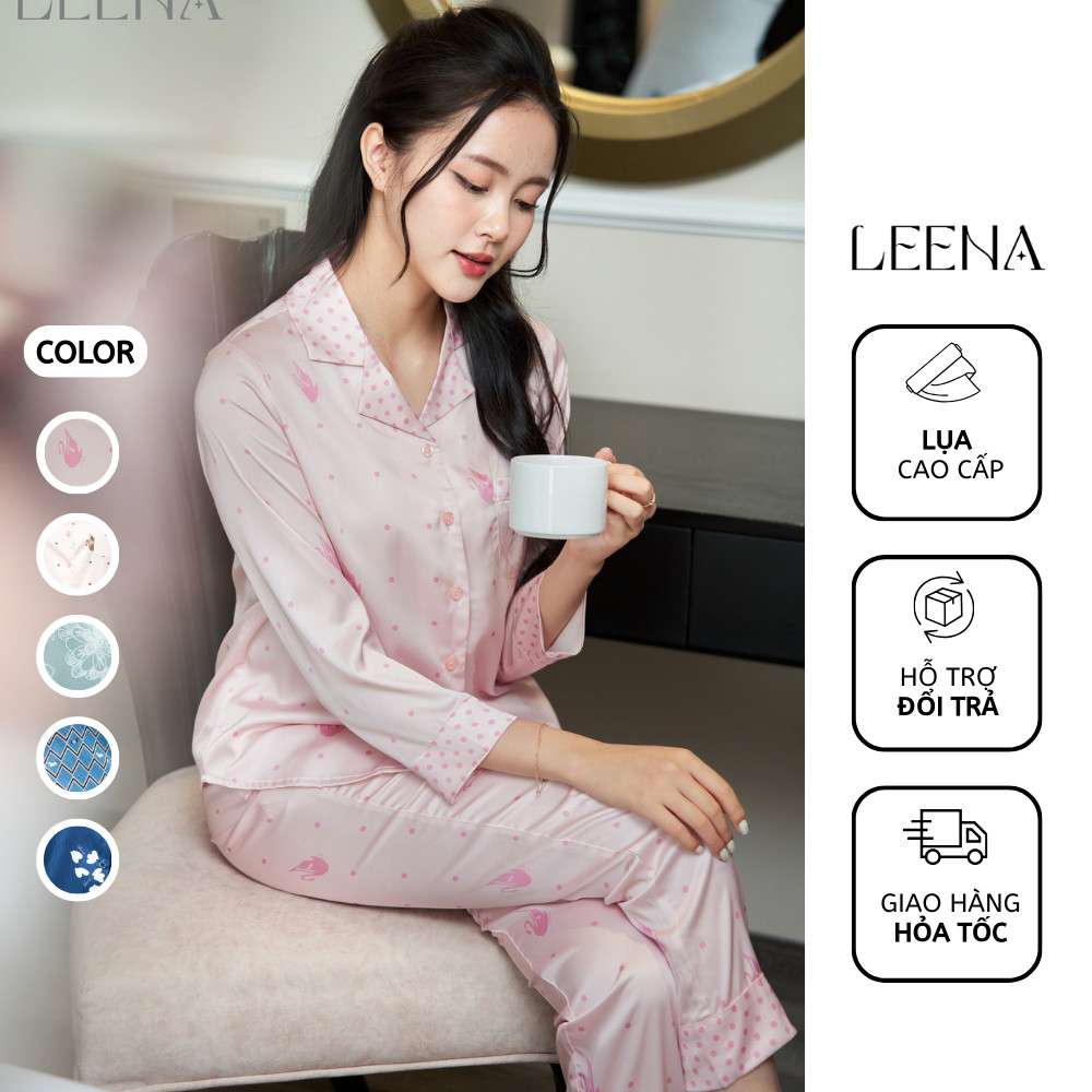 Bộ Ngủ Pyjama Nữ Lụa Vân Gỗ Cao Cấp Áo Tay Dài Quần Dài, Bộ Mặc Nhà Nữ Thu Đông Lụa Dài Tay Leena Homewear 23L12 23V13