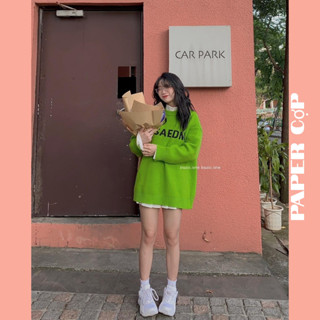  Áo len nữ tay dài thêu chữ JILSAEDNR chất len dày dặn form dáng dài rộng giấu quần phong cách Hàn Quốc . 