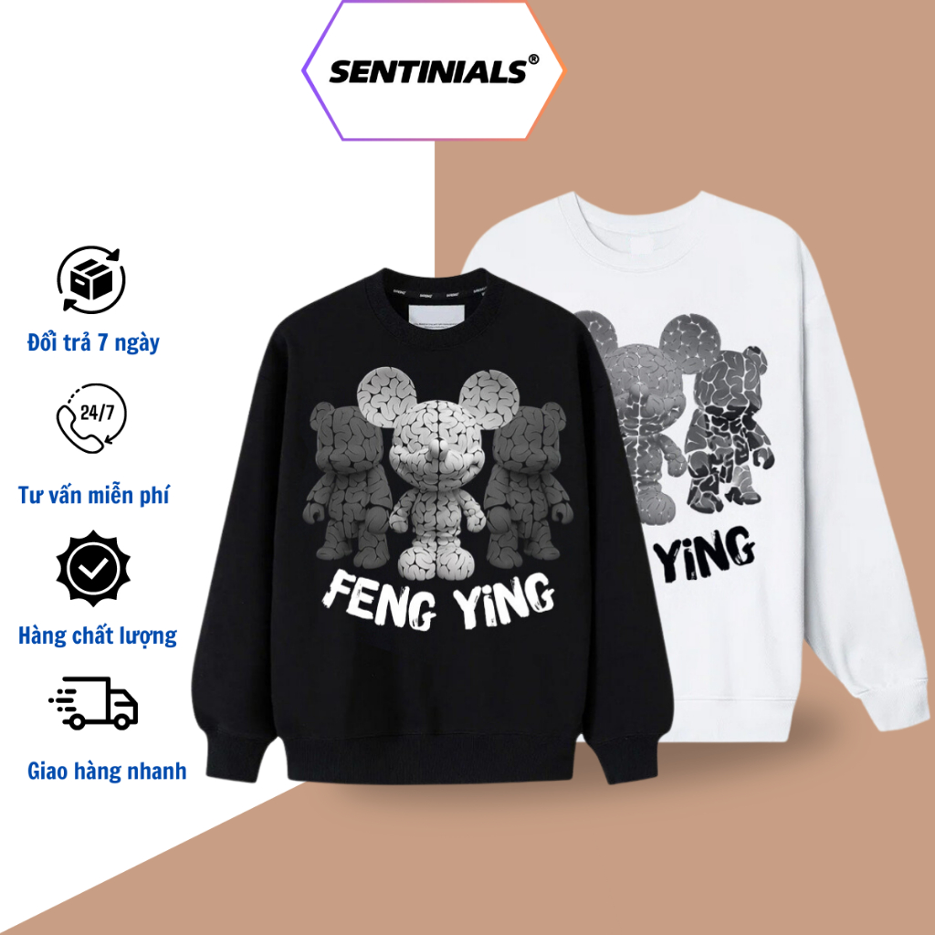 Áo nỉ sweater SENTINIALS in hình mickey brain 5D 2 màu đen trắng dáng rộng cổ tròn phong cách cá tính 13