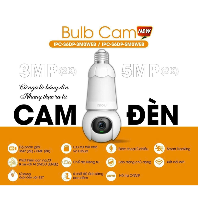 Camera WIFI Bóng Đèn Imou Bulb Cam IPC-S6DP-5M0WEB 5MP 3K | IPC-S6DP-3M0WEB 3MP 2K - Đàm Thoại 2 Chiều - Full Color