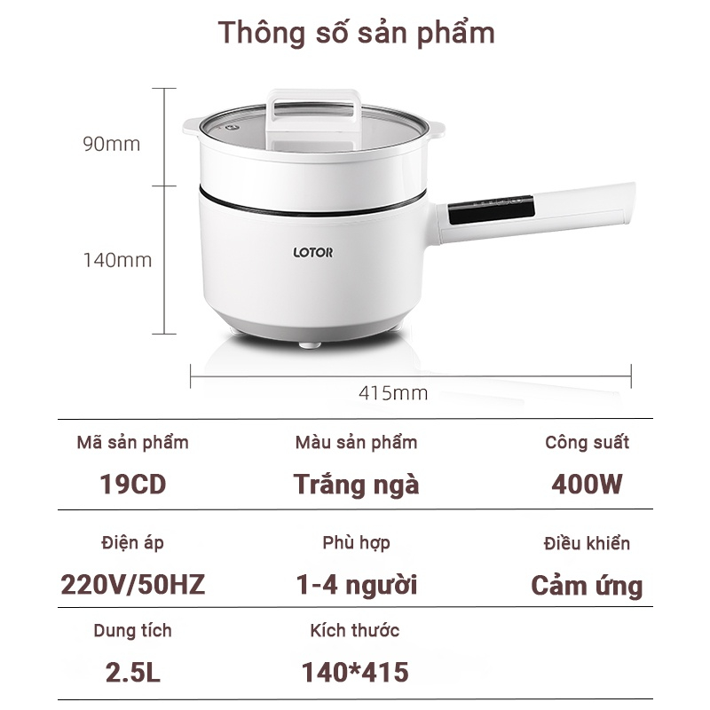 Chảo Điện Đa Năng Lotor 19CD Nồi Điện Thông Minh Dung Tích 2.5L Công Suất 900W Xào Nấu Siêu Nhanh Hàng Chính Hãng