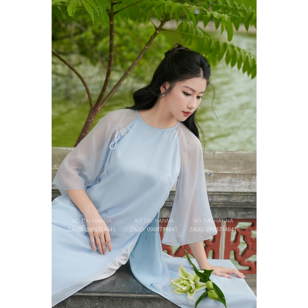 Áo dài cách tân Hanna dáng suông cổ tròn tay lỡ kèm nơ vai, chất tơ cao cấp mềm mát chụp hình trẻ trung xinh đẹp