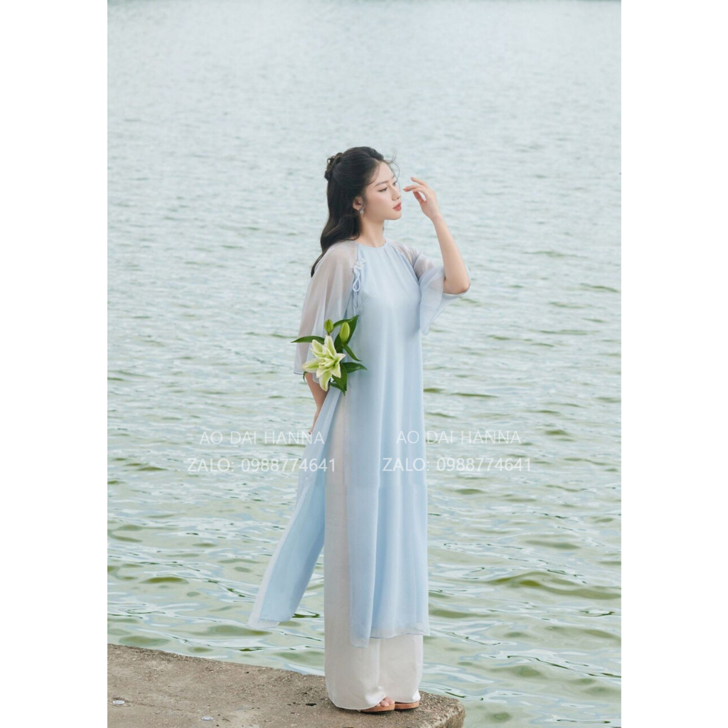 Áo dài cách tân Hanna dáng suông cổ tròn tay lỡ kèm nơ vai, chất tơ cao cấp mềm mát chụp hình trẻ trung xinh đẹp