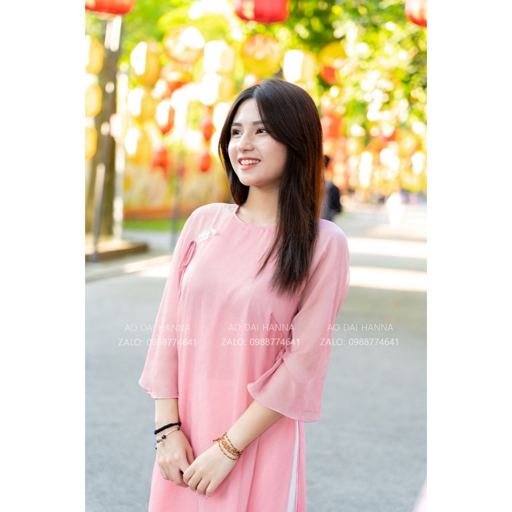 Áo dài cách tân Hanna dáng suông cổ tròn tay lỡ kèm nơ vai, chất tơ cao cấp mềm mát chụp hình trẻ trung xinh đẹp