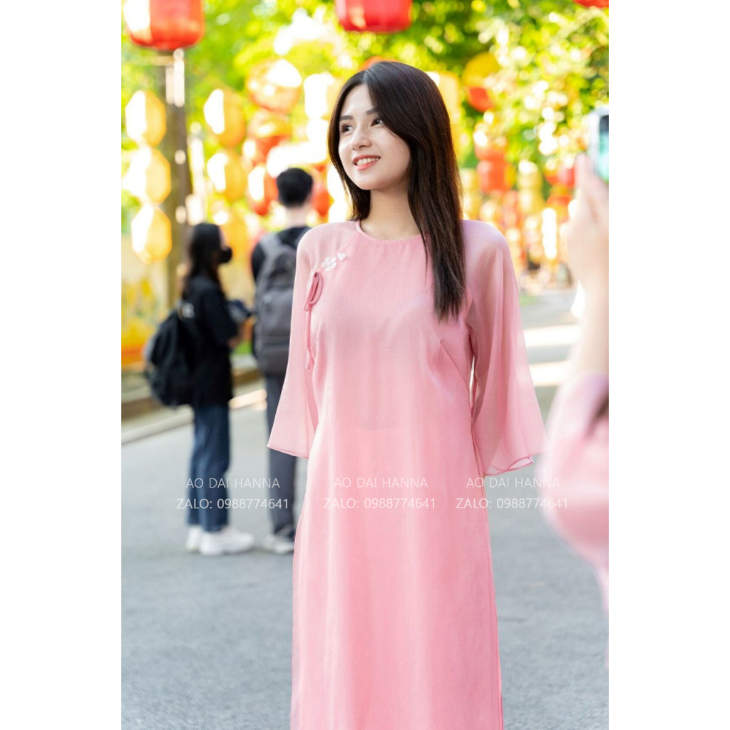 Áo dài cách tân Hanna dáng suông cổ tròn tay lỡ kèm nơ vai, chất tơ cao cấp mềm mát chụp hình trẻ trung xinh đẹp