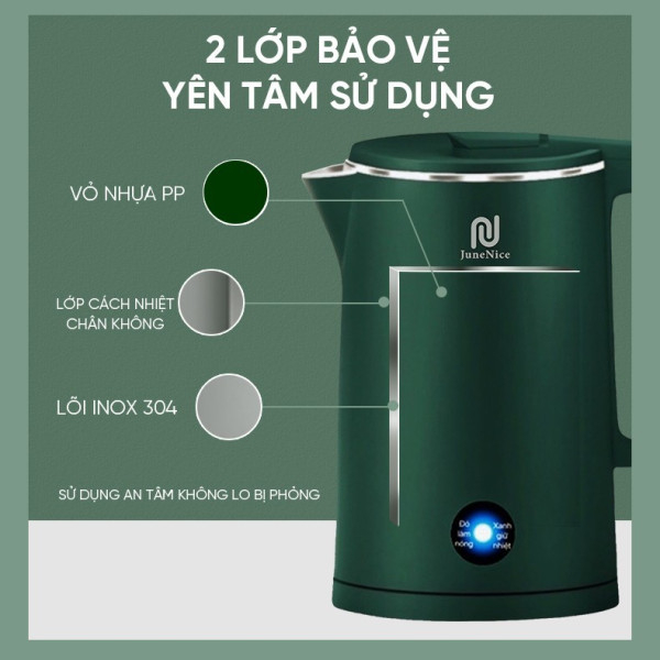 Bình đun nước siêu tốc, ấm siêu tốc 1.8 lít giữ nhiệt và đun, ruột bằng thép không gỉ Inox304 của JN June Nice