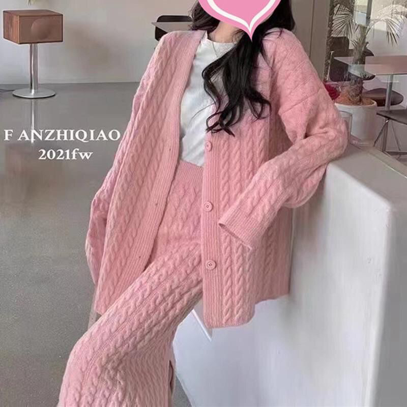 Set áo khoác Cadigan len kết hợp với chân váy dài trẻ trung phong cách Hàn Quốc