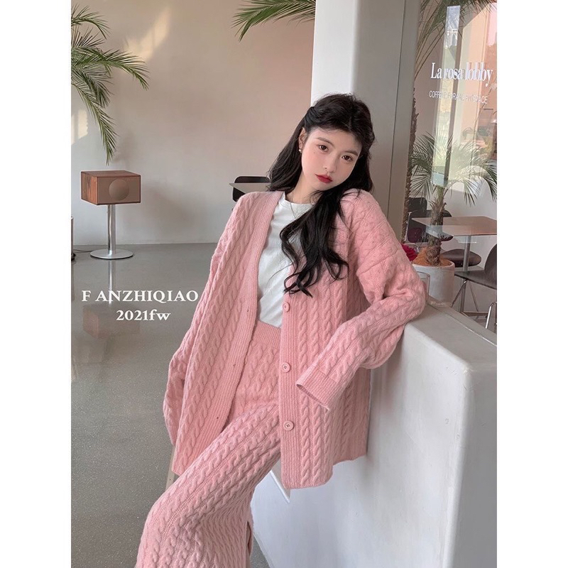 Set áo khoác Cadigan len kết hợp với chân váy dài trẻ trung phong cách Hàn Quốc