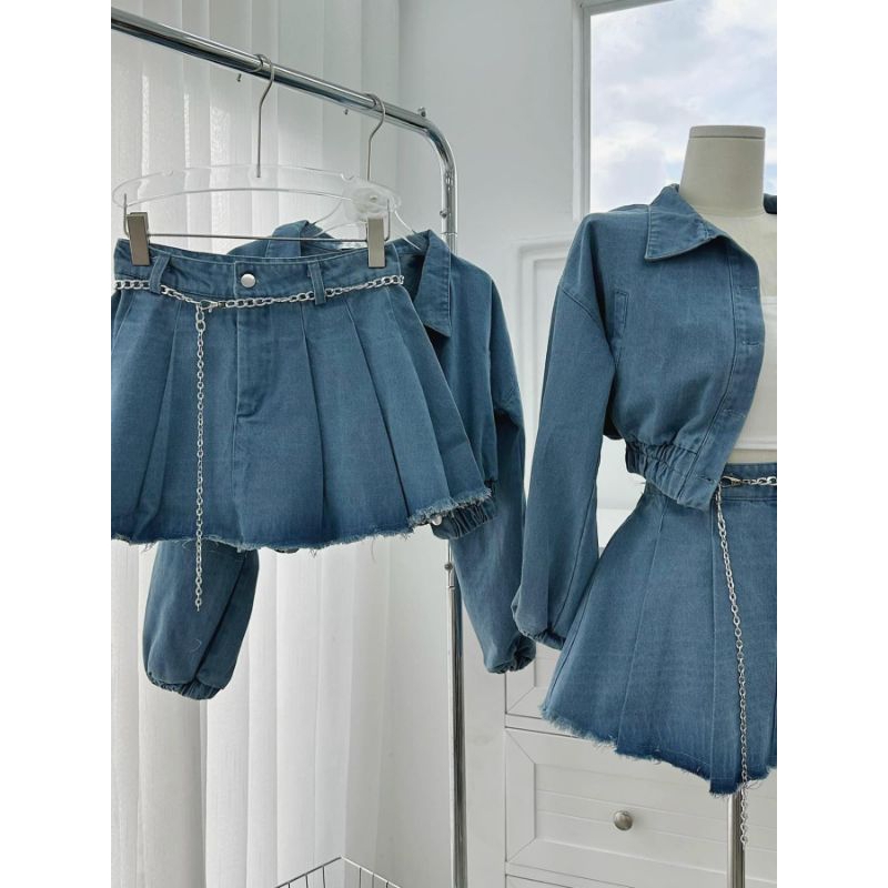 Set Jeans QC Áo khoác Chun eo và Quần sooc Kèm đai xích