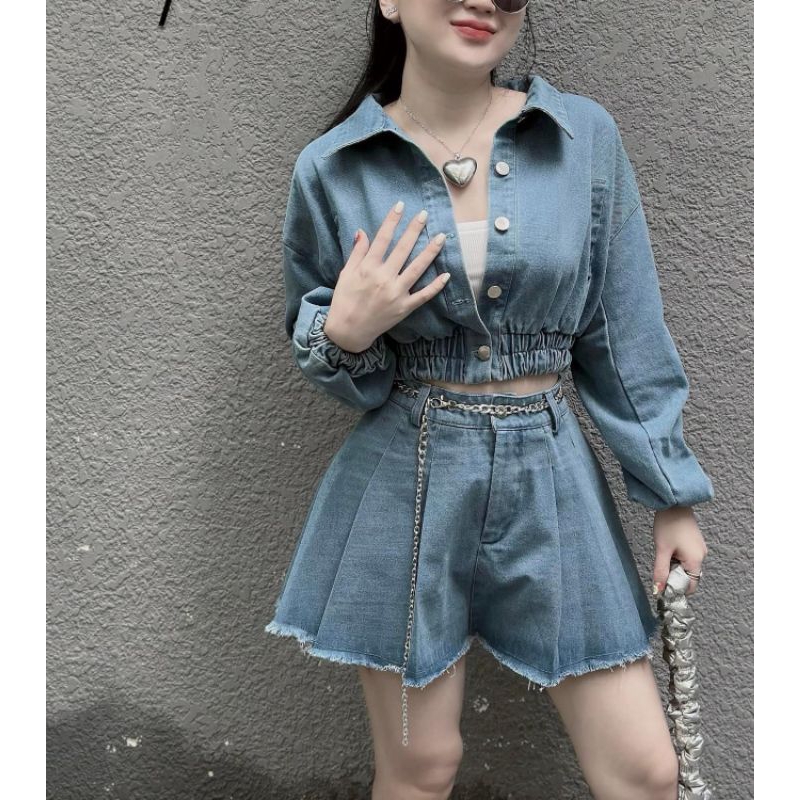 Set Jeans QC Áo khoác Chun eo và Quần sooc Kèm đai xích