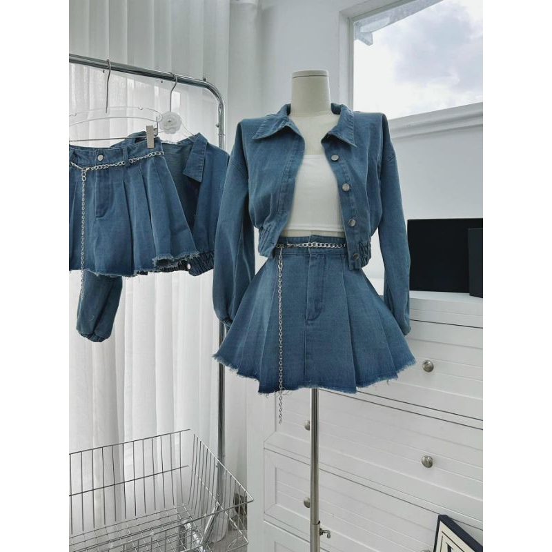 Set Jeans QC Áo khoác Chun eo và Quần sooc Kèm đai xích