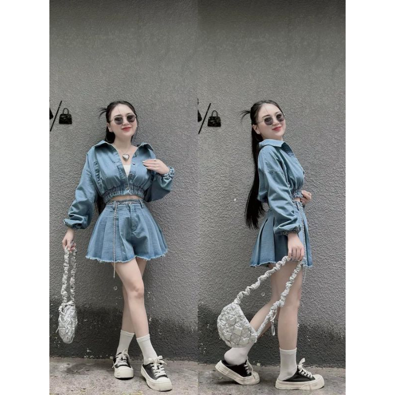 Set Jeans QC Áo khoác Chun eo và Quần sooc Kèm đai xích