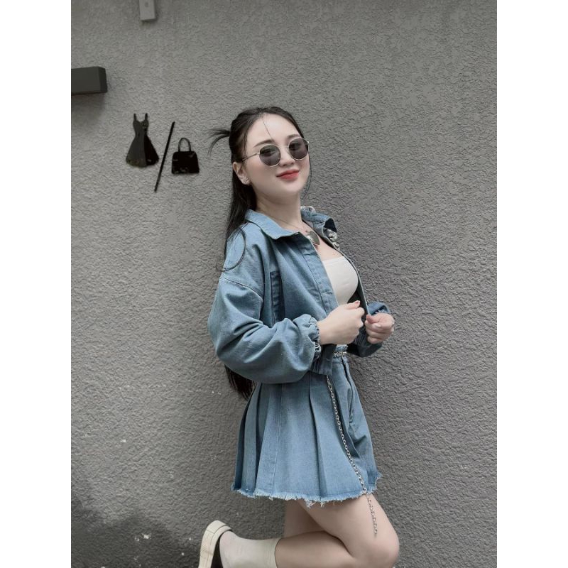 Set Jeans QC Áo khoác Chun eo và Quần sooc Kèm đai xích