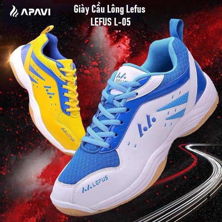 Giày cầu lông Lefus L05 trắng kẻ xanh, da PU bền, lớp vải thoáng khí, ôm cổ chân, bám sàn tốt, kèm quà tặng