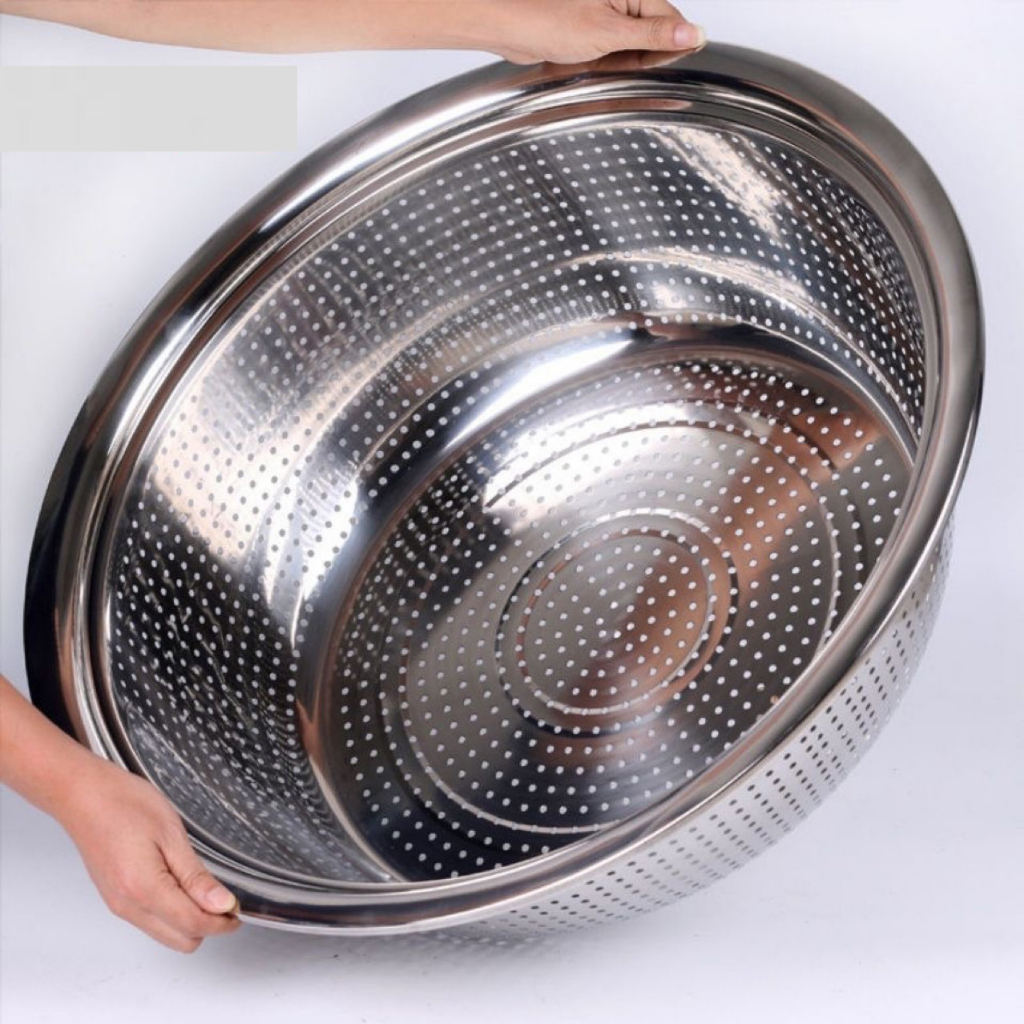 Chậu Thủng Inox VilaHome, Mắt Lưới Thủng Mau Song Song 27 cm. Rửa Rau Củ Quả, Đựng Đồ Chiên Rán Tiện Lợi Bền Đẹp