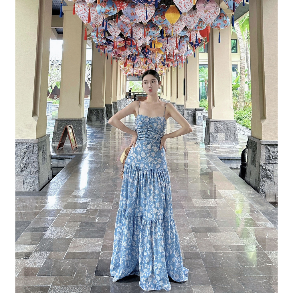 Váy maxi hoa màu xanh thiên thanh - MS072 (Có ảnh thật)