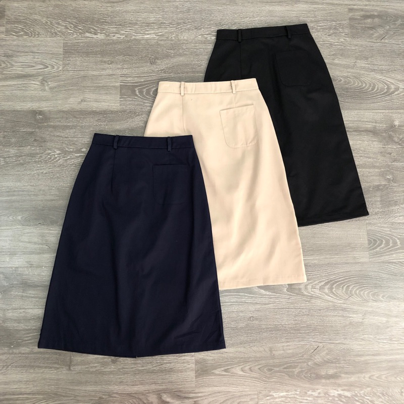 Chân váy midi kaki, cạp cao, có túi, xẻ tà sau, xuất chuẩn xịn, hàng sẵn shop!