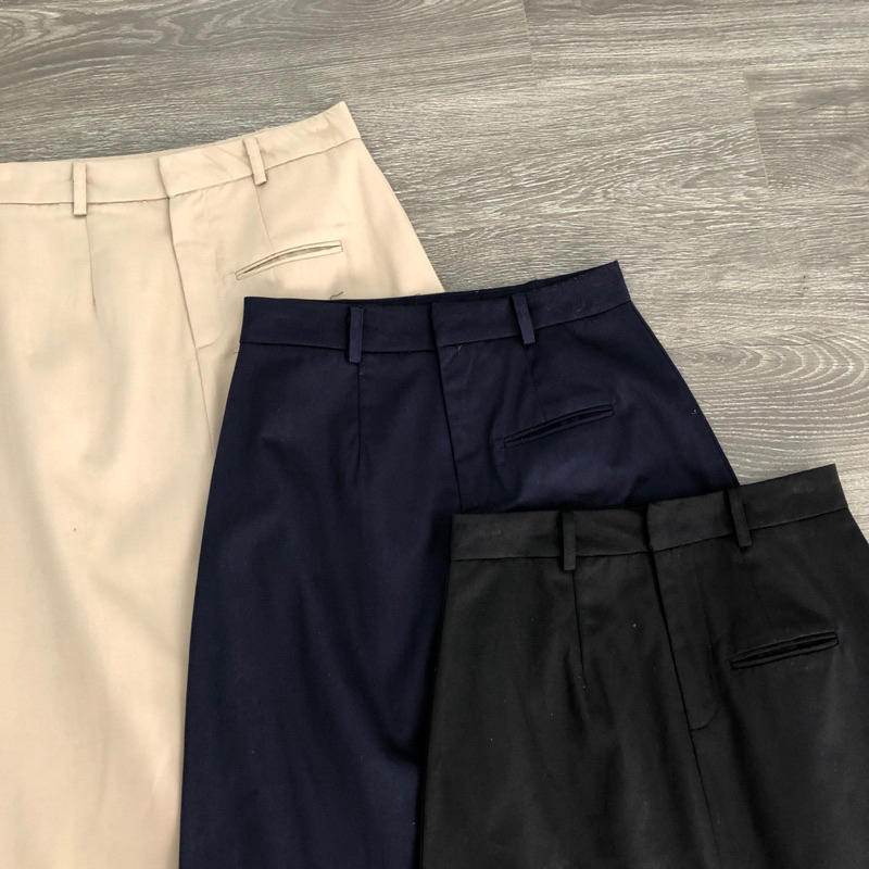 Chân váy midi kaki, cạp cao, có túi, xẻ tà sau, xuất chuẩn xịn, hàng sẵn shop!