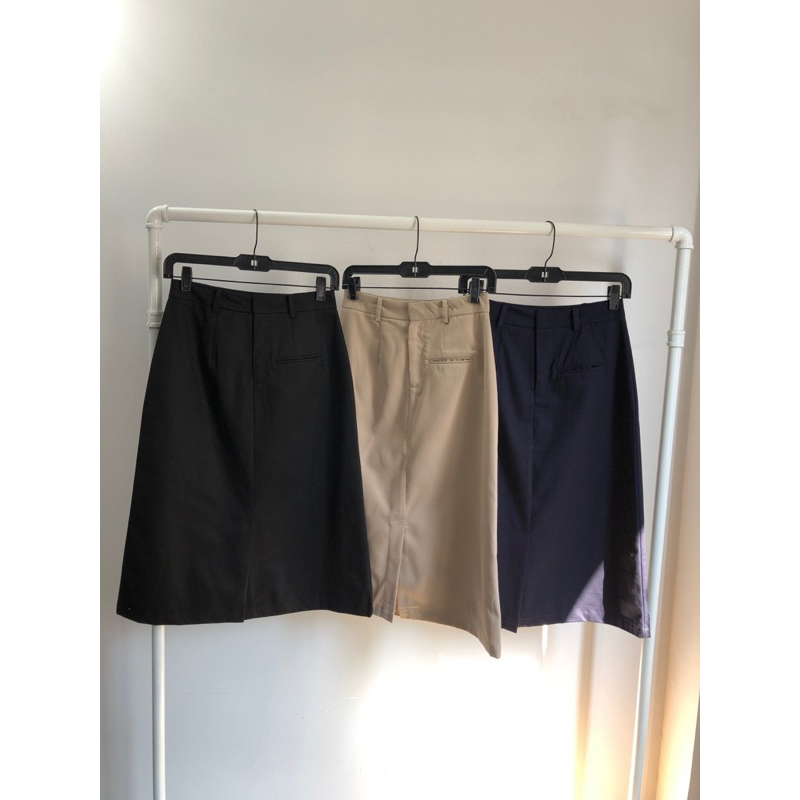 Chân váy midi kaki, cạp cao, có túi, xẻ tà sau, xuất chuẩn xịn, hàng sẵn shop!